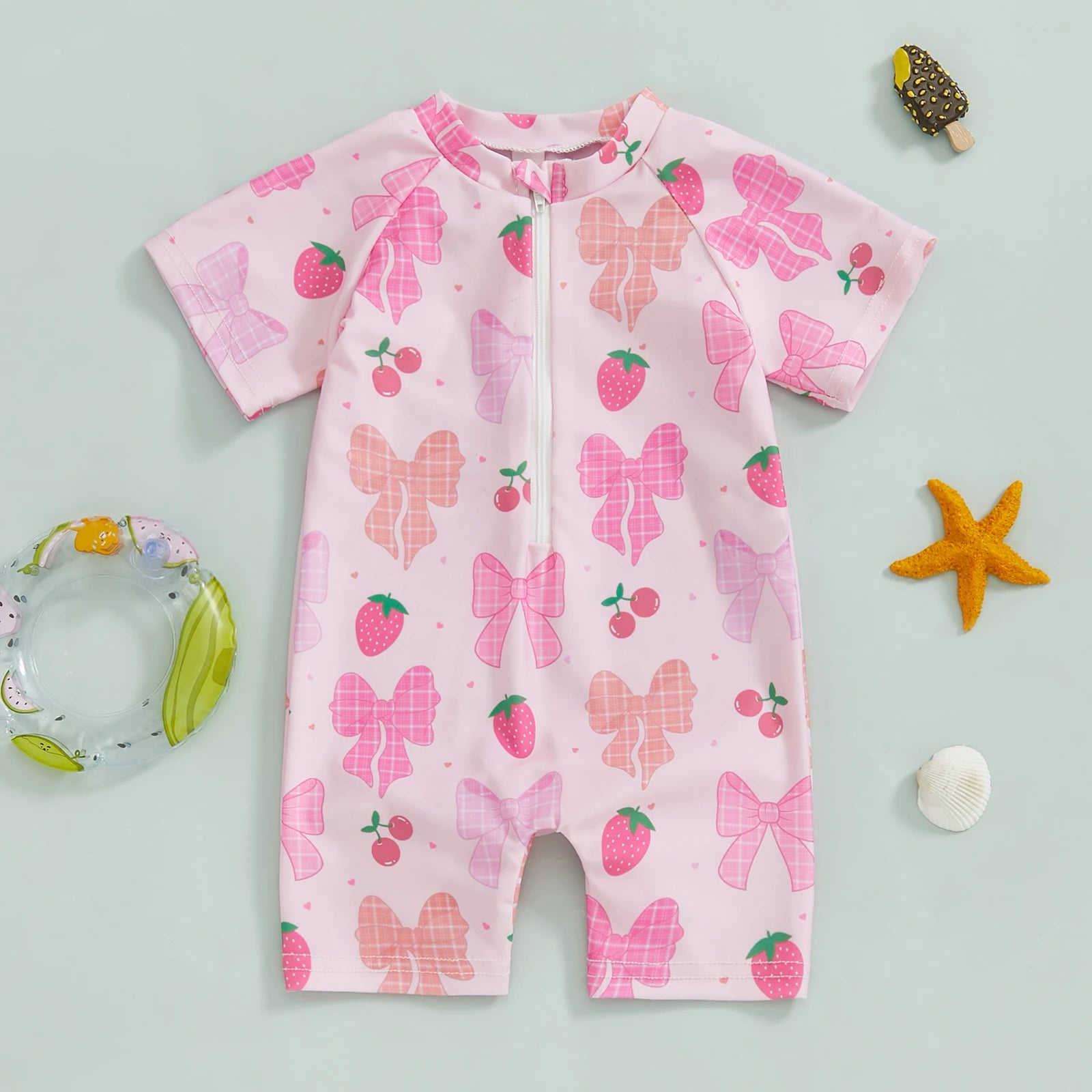 Summer Toddler Baby Girl Short Sleeve Swimwear Bathing Suit Infant Rash Guard Swimsuit Kids Cherry/Bow Print Zipper Beachwear