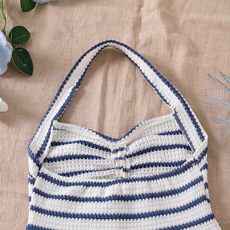 Girls 8-12 Casual 2-Piece Set, Navy Blue White Striped Halter Crop Top & Matching Elastic Waist Shorts, Beachy for Daily Summer