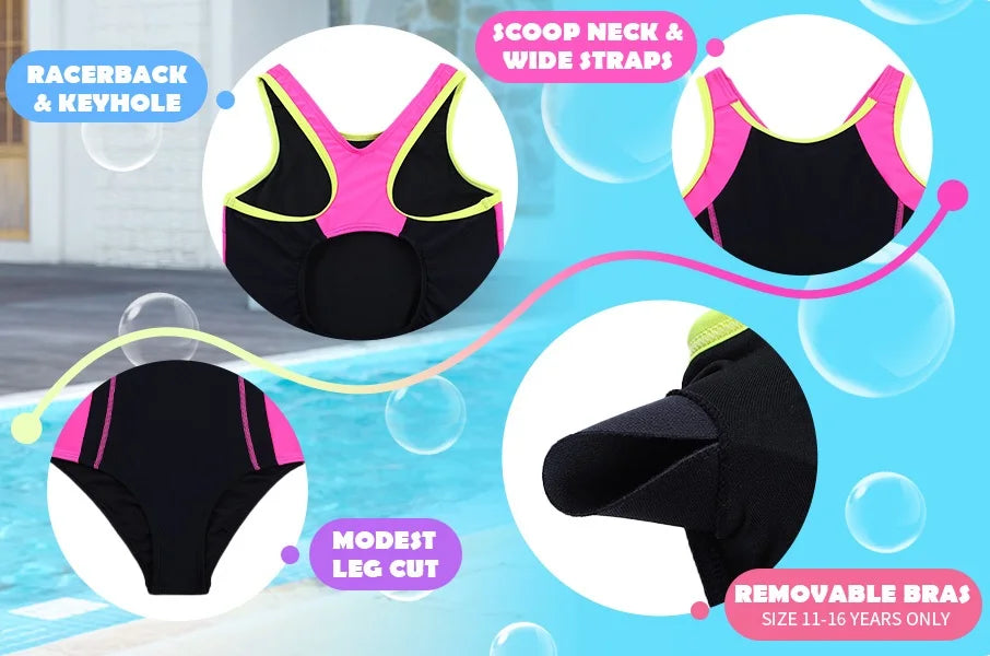 Anfilia Girls One-piece Swimsuit Scoop Neck High Elastic Racerback & Keyhole Modest Leg Cut with Removable Padded Swimwear