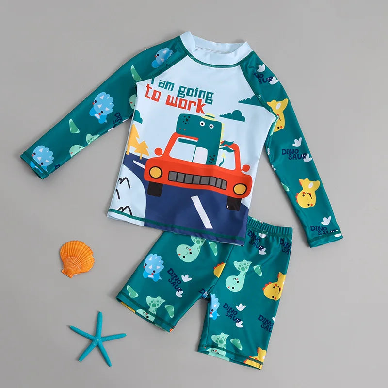 Boys Girls Cartoon Cute Swimwear Spring Summer Beach Clothing Set Sun Protection Long Sleeve Swimming Suits Kids Bathing Suit