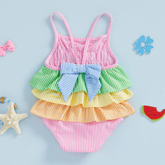 Little Girls Summer Cami Romper Swimsuit Sleeveless Tiered Striped/Plaid Swimwear