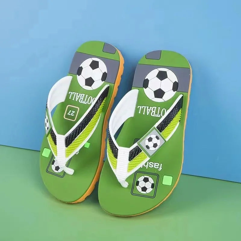 New Summer Baby Boys Girls Slippers Children PVC Cartoon Football Print Flops Flips Beachwear Outdoor Red Blue Green Kids Shoes