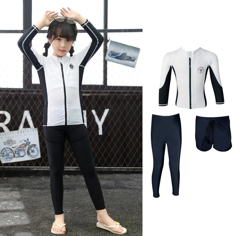 Boys Girls Swimsuit Long Sleeve Sun Protection Swimming Bathing Surfing Wetsuit Beach Wear Teenager Rash Guard