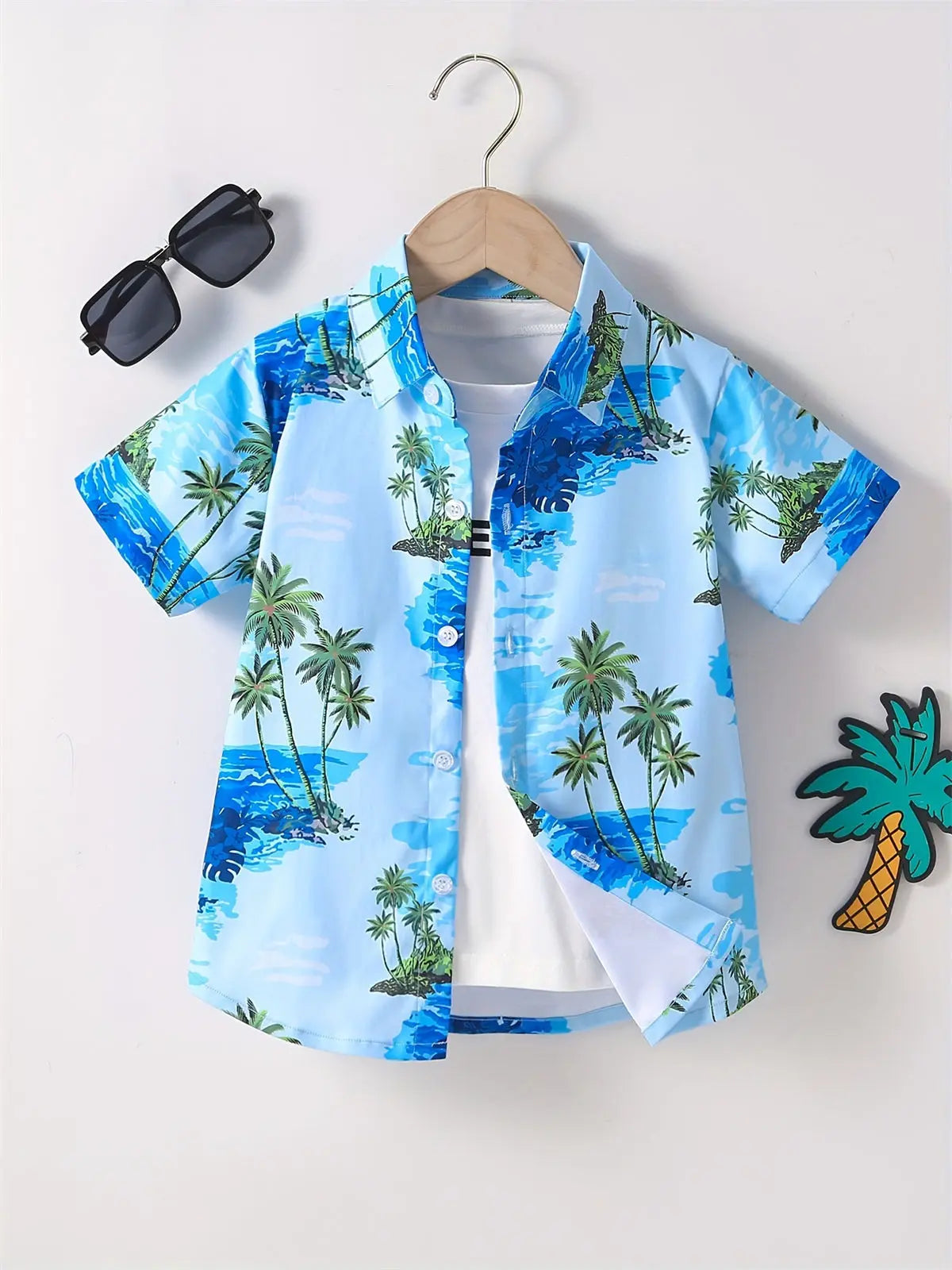 Boys Flowers and Leaves Print Short Sleeves Shirt Hawaiian Style for Vacation Beach Kids Summer Clothes O-Neck Children's Shirt