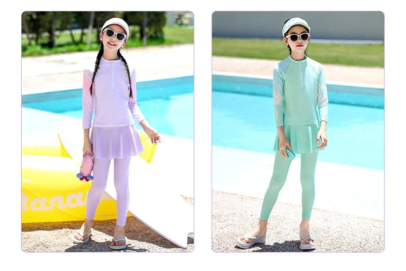 Two Piece Long Sleeve Girls Swimwear With Skirt Burkini Swimsuit Kids Children Modest Swimming Suit Sun Protection Beachwear