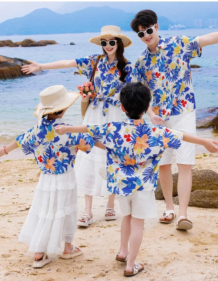 Vacation Family Matching Clothes Sets Mom Daughter Shirts Skirt Casual Dad Son Tops Shorts Resort Parent Child Two Piece Outfit