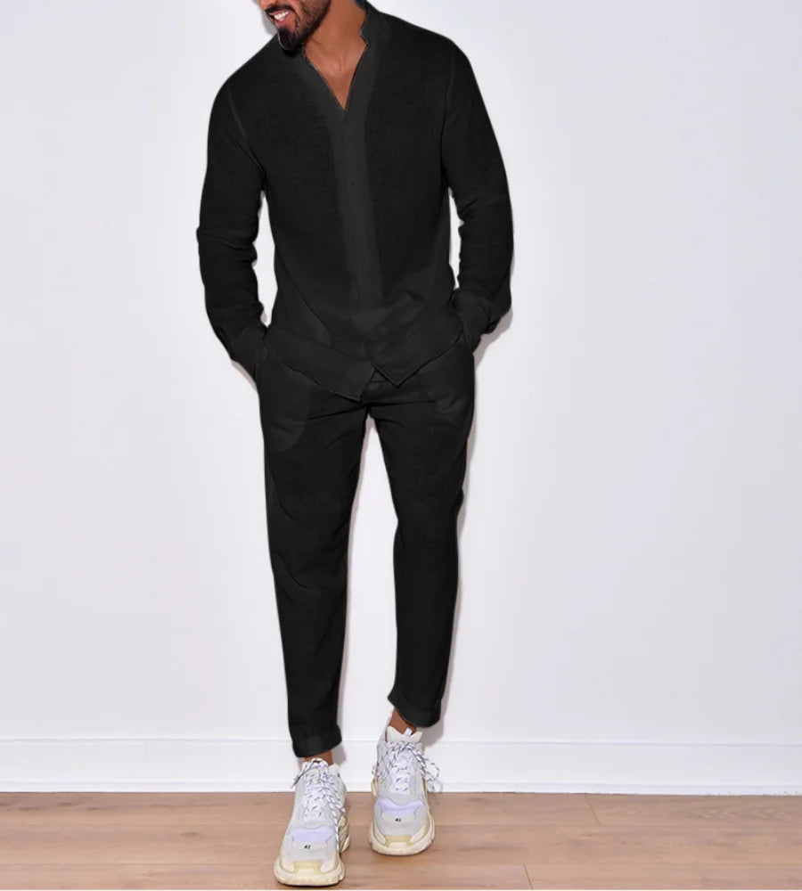 Men's casual cotton and linen suit, fashion comfortable linen solid color stand collar shirt street loose long sleeve two-piece