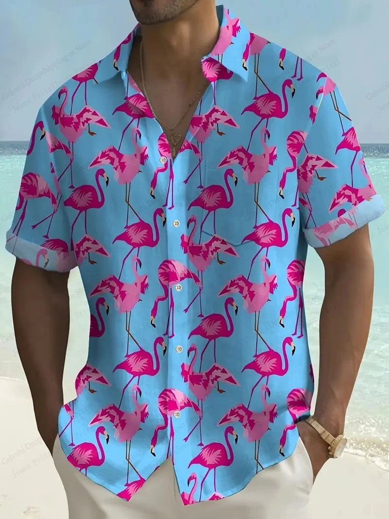Summer Men's Vocation Lapel Camisa Oversized Hawaiian Shirts Flamingo 3d Print Fashion Men Women Beach Short Sleeve Blouse Boy