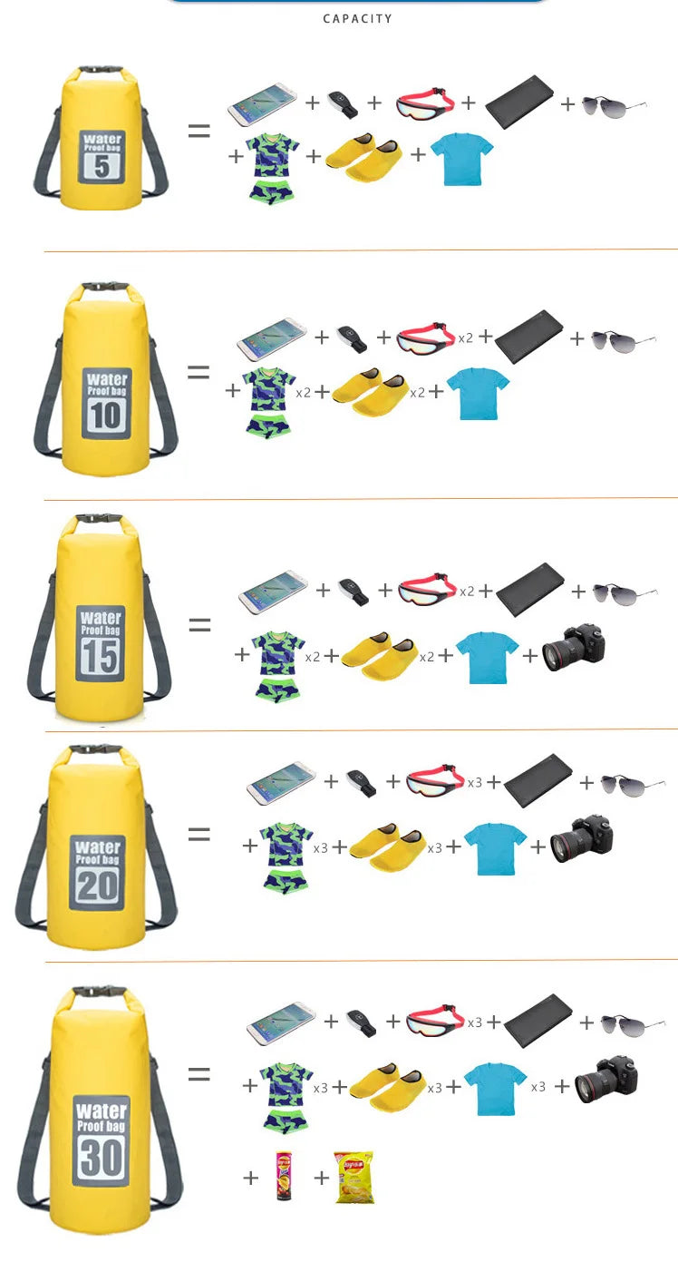 5L/10L/15L/20L/30L Outdoor Sport PVC Waterproof Storage Dry Bag For Canoe Kayak Rafting  Swimming Travel Kit Sack Backpack