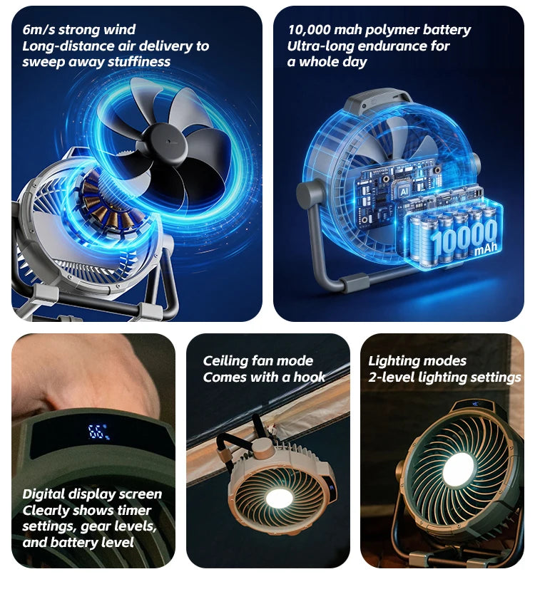 Portable 6 in 1 Outdoor Camping Fan 10000mAh Rechargeable Wireless Tent Ceiling Fan 5 Speed Adjustment Remote Control LED Light