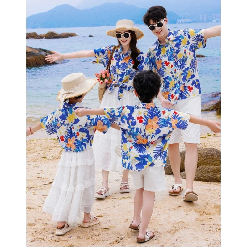 Vacation Family Matching Clothes Sets Mom Daughter Shirts Skirt Casual Dad Son Tops Shorts Resort Parent Child Two Piece Outfit