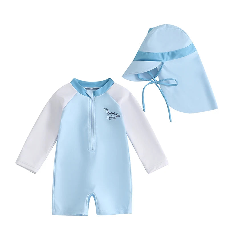0-3T Newborn Toddler Boys Rash Guard Swimsuit Contrast Color Dinosaur Print Long Sleeve Mock Neck Zip Bathing Suit with Hat