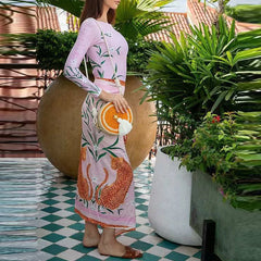 Summer New Beach Vacation 2 Piece Casual Pattern Printed Swimsuits Suits Fashion Slim Long Sleeve Bodysuit + Half Skirts Outfits