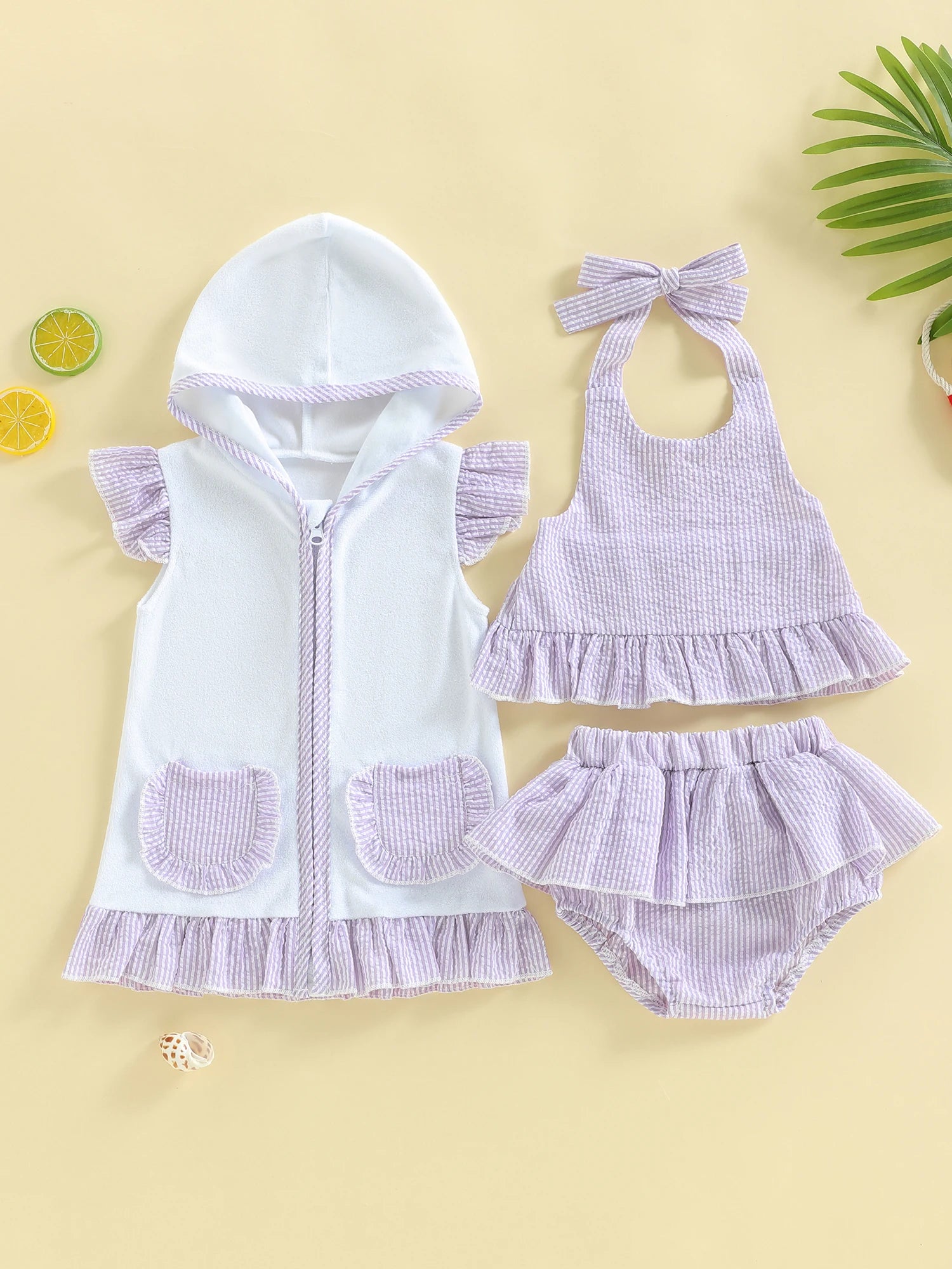 FOCUSNORM 0-3Y Lovely Toddler Baby Girls Three Piece Swimsuit Sleeveless Halter Top Bikini Bottom Cover-up Set Bathing Suits