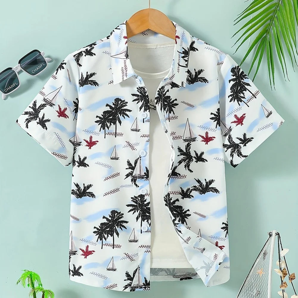 Hawaiian Children's Shirt Coconut Tree Pattern Print Kids's Short Sleeves Shirt Holiday Seaside Tops Outdoor Children's Clothing