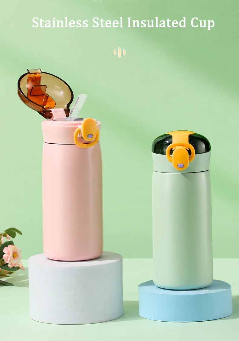320/460ML Kids Stainless Steel Thermal Bottle Portable Kids Straw Mug Cold and Hot Thermal Thermos Student Water Bottle
