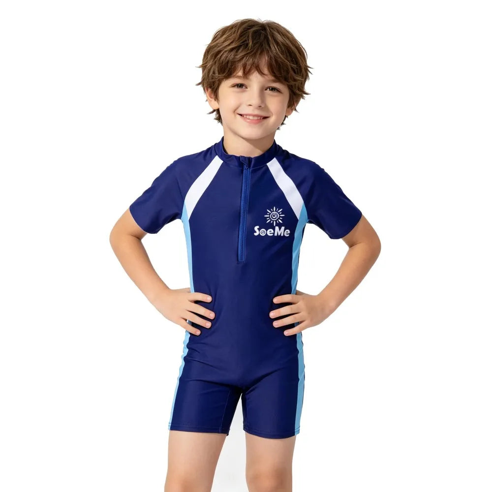 Girls Pink Sporty Striped One Piece Swimwear Summer Short Sleeve Zipper Rash Guard Kids Quick Dry Bathing Suit for Beach