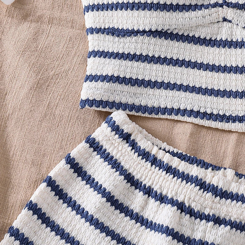 Girls 8-12 Casual 2-Piece Set, Navy Blue White Striped Halter Crop Top & Matching Elastic Waist Shorts, Beachy for Daily Summer