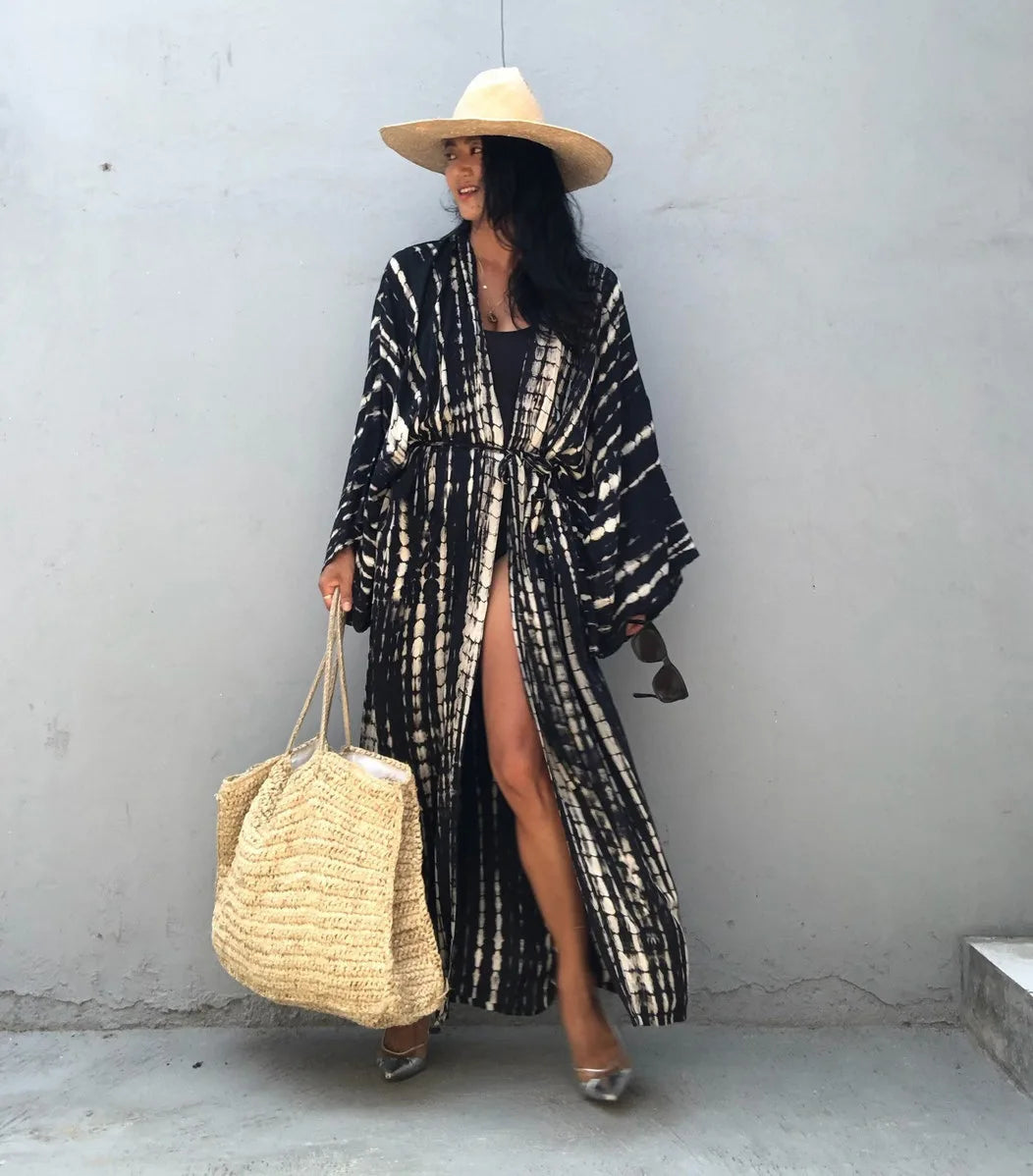 Women's Boho Stripe Tie Dye Swimsuit Cover Up with Belt Tunic Sarong Cardigan Dress Bikini Cover-ups Beach Wear Kimono