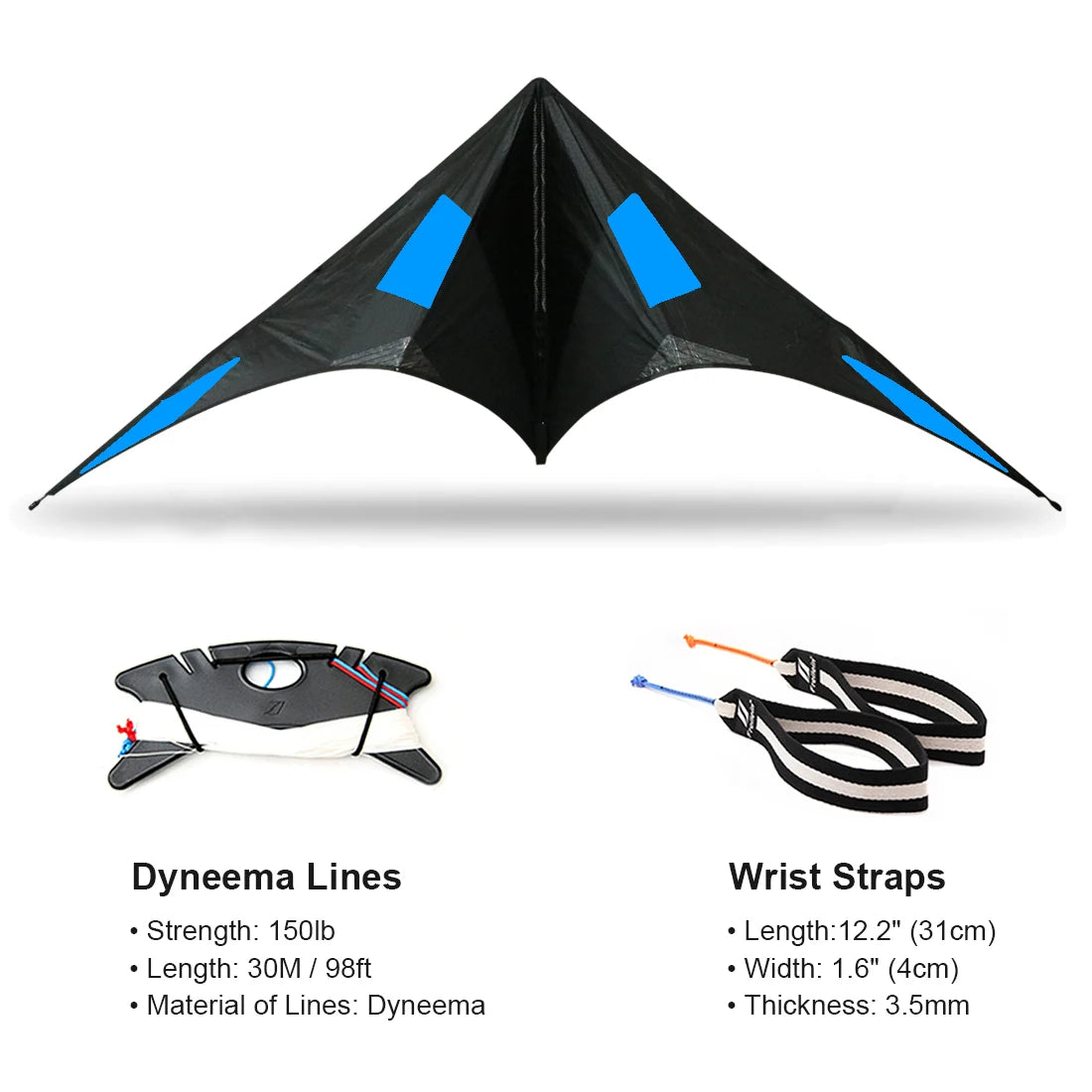 9KM Freilein Acrobatic Kite 2.34m 2 Line Professional Stunt Kite Blackjazz Ⅲ Beach Wrist Strap + 2x30mx150lb Spectra Lines +Bag