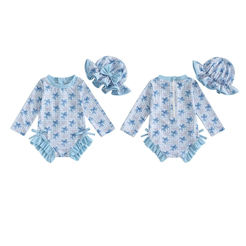 1-4T Children Baby Girl Rash Guard Swimsuit Long Sleeve Bow Plaid Print Bathing Suit Infant Swimwear with Sun Hat