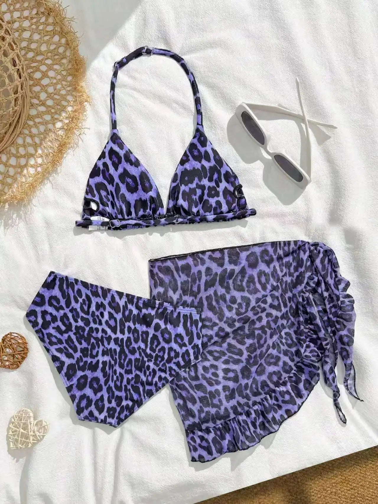 2026 Leopard Girls Swimsuit 3 Pieces Halter Triangle Bikinis Kids Swimwear Female Children's Bathing Swimming Swim Suit 8Y-12Y