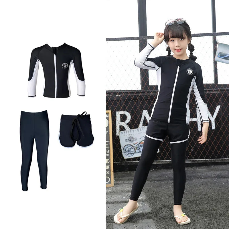 Boys Girls Swimsuit Long Sleeve Sun Protection Swimming Bathing Surfing Wetsuit Beach Wear Teenager Rash Guard