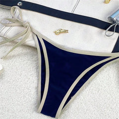Vintage Blue Bikinis Set Triangle Border String Swimsuit Push Up Swimwear Backless Extrem Bikini Women Beach Outfit Bathing Suit