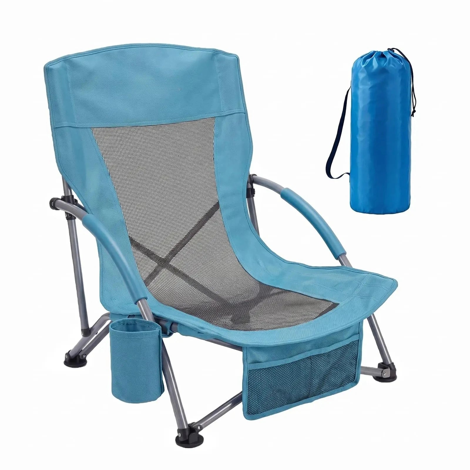 Low Folding Portable Beach Chairs for Extra Wide Seat Chair with Cup Holder Storage Pocket Carry Bag for Camping Beach Travel