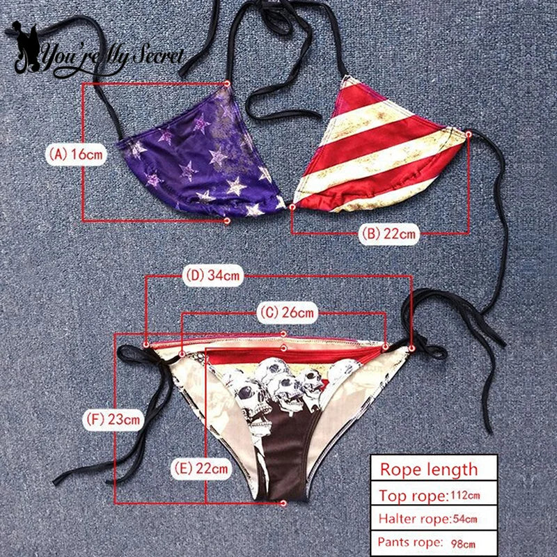 [You're My Secret] Women USA Flag Print Two Piece Bikini Set Halter Triangle Tie Side Swimsuit Summer Beach Pool Party Swimwear