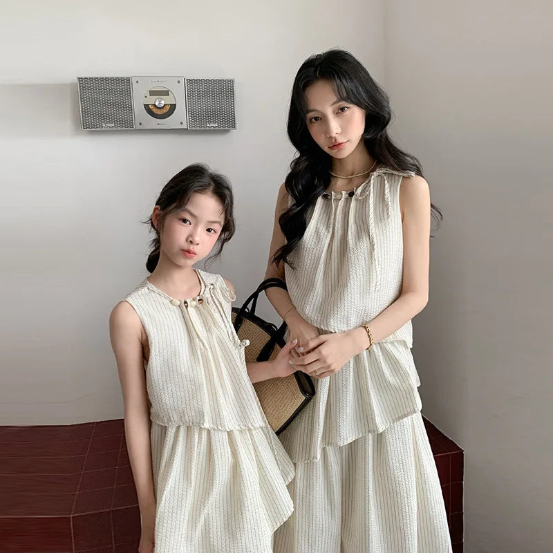 French Style Parent-child Matching Outfits Holiday Family Look Striped Button Shirt Ruffles Dress Cotton Soft Clothing Set Beach
