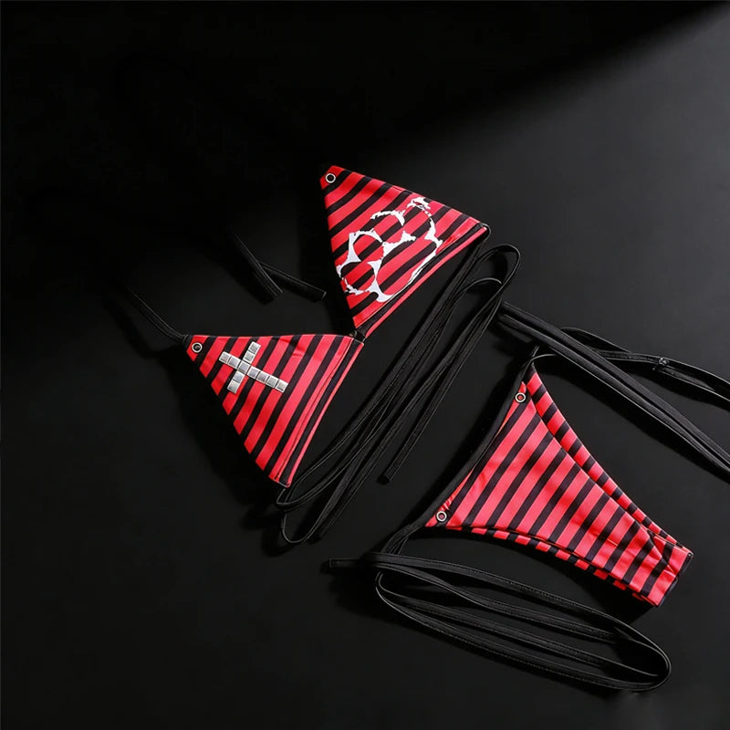 Striped Cross & Paw Print Bikini Set Women Triangle Halter Top Tie Side Bottoms Summer Y2K Punk Aesthetic Beachwear