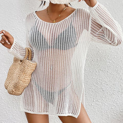Sexy Style Knitted Loose Bikini Cover-Ups Women's Hollow-Out Long Top Summer Holiday See-Through Beachwear Sunscreen Smock