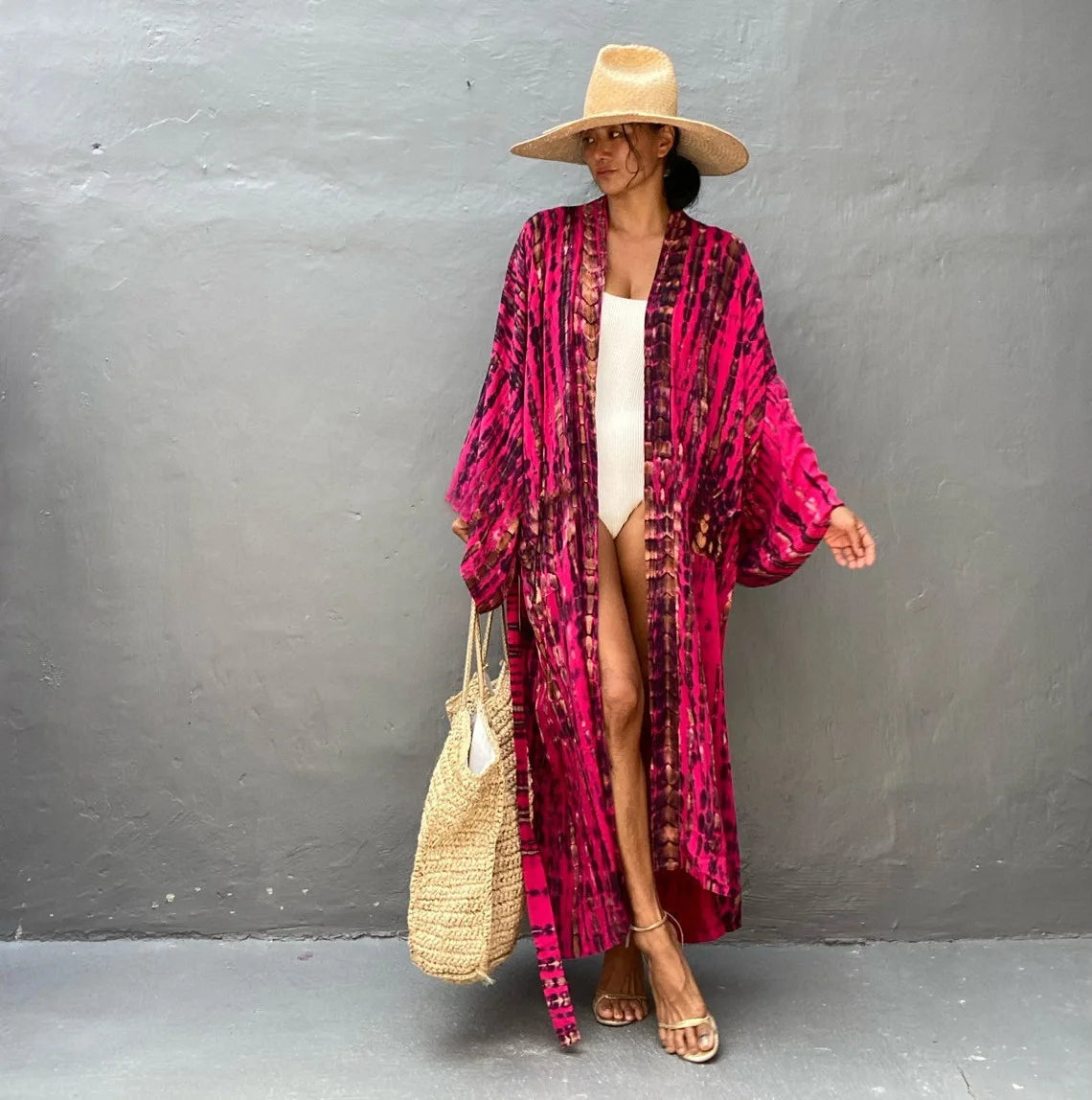 Women's Boho Stripe Tie Dye Swimsuit Cover Up with Belt Tunic Sarong Cardigan Dress Bikini Cover-ups Beach Wear Kimono