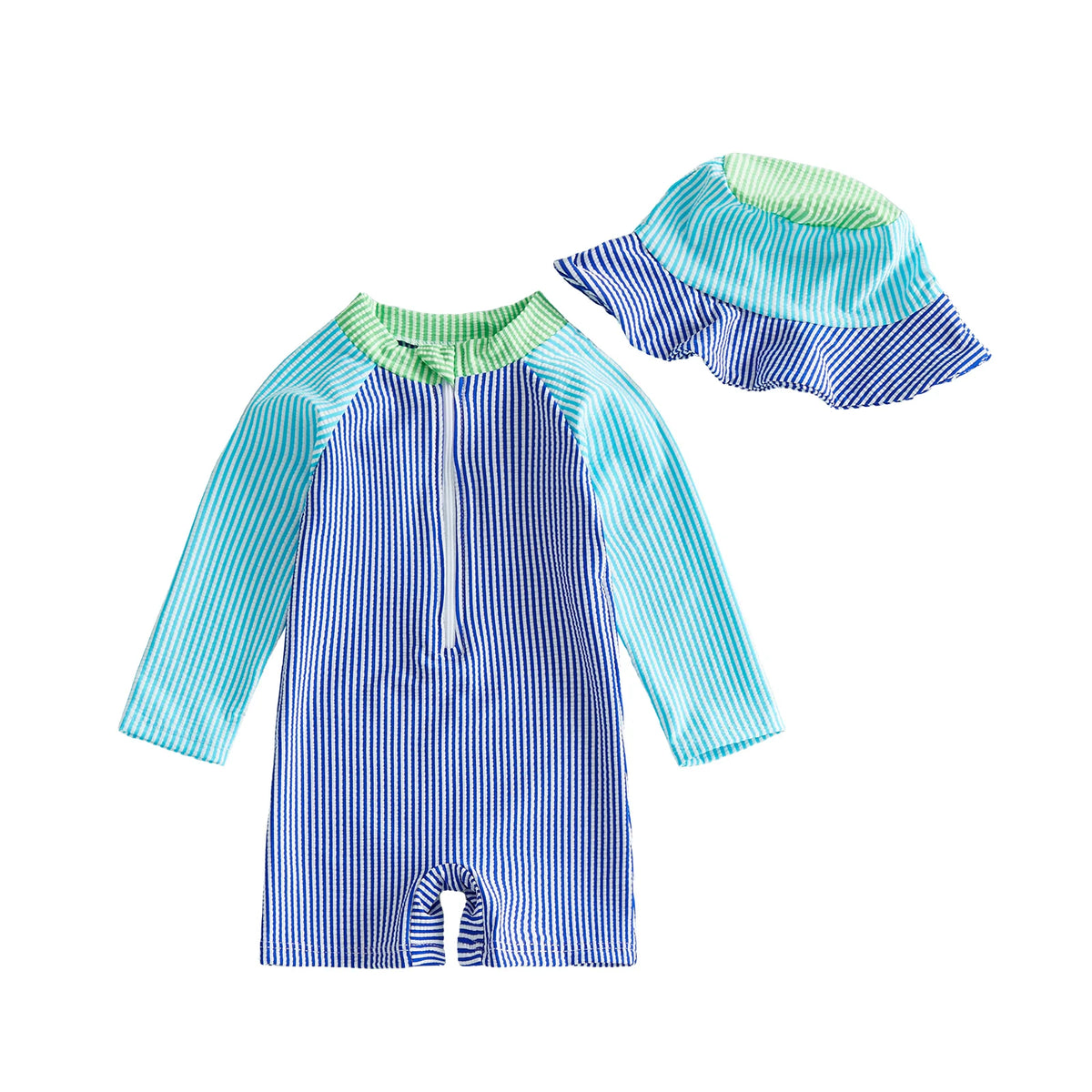 0-24M Newborn Baby Boy Rash Guard Swimsuits Contrast Color Stripes Print Long Sleeve Zip Up Bathing Suit with Sun Cap