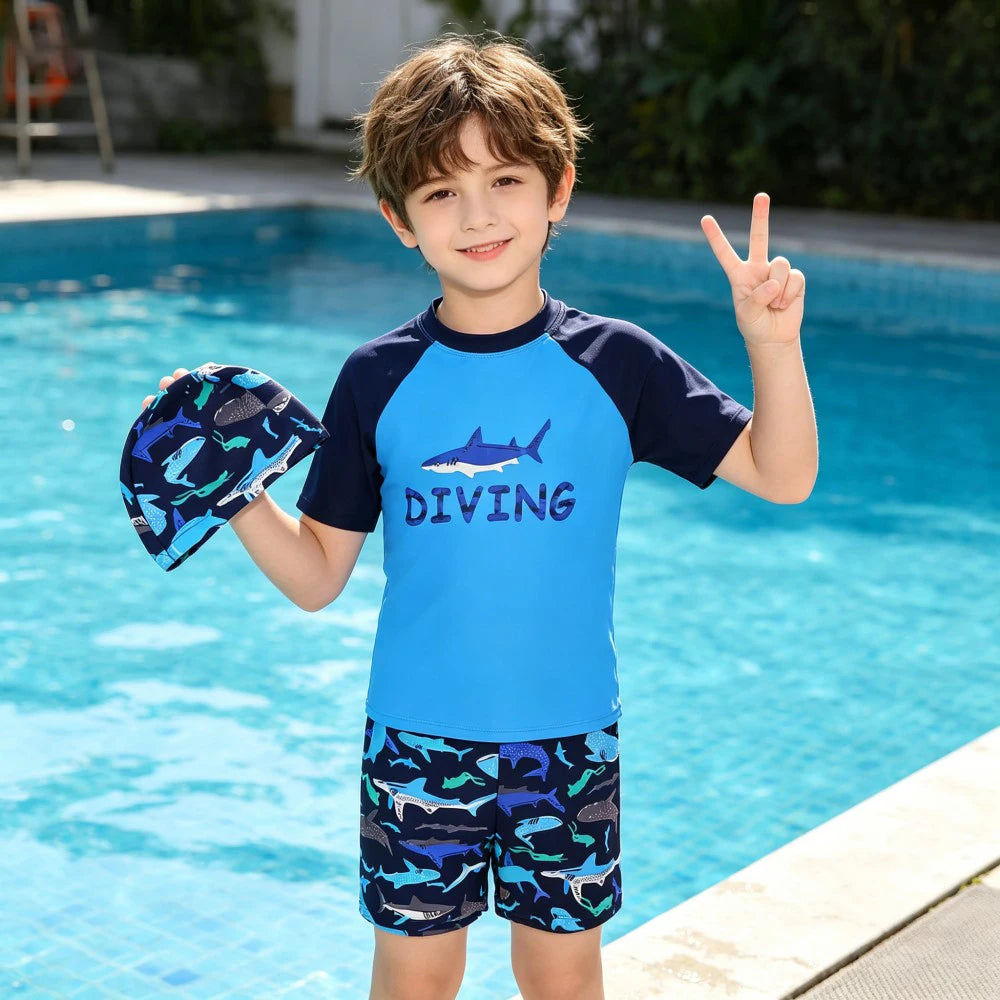 Boys Astronaut Swimsuit Set 3Pcs Kids Rash Guard Swimwear Short Sleeve Shirt + Shorts + Cap Children Beachwear UPF50+