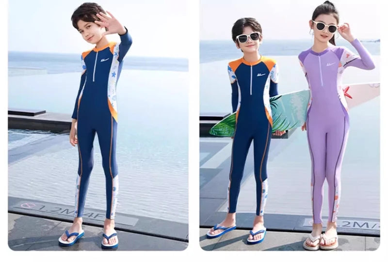 Girls And Boys Swimwear One Piece Long Sleeve Swimsuit Kids UV Protection Front Zipper Children Swimming Suit Summer Beachwear