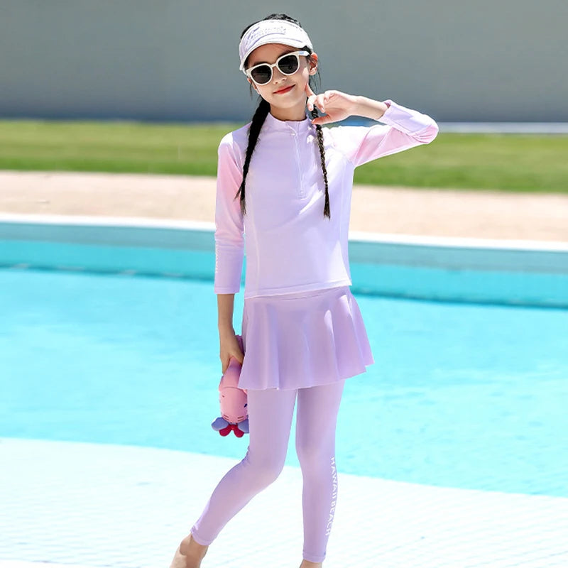 Two Piece Long Sleeve Girls Swimwear With Skirt Burkini Swimsuit Kids Children Modest Swimming Suit Sun Protection Beachwear