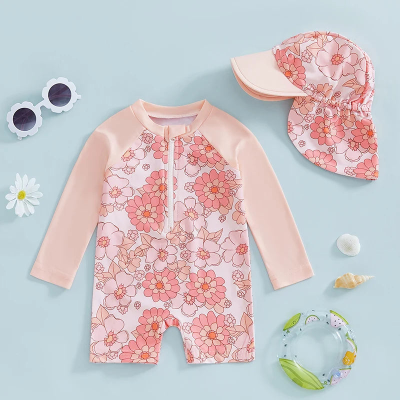Tregren Toddler Girl Long Sleeve Swimsuit Floral/Flamingo Print Half Zipper Rash Guard Swimwear with Sun Hat Infant Beachwear