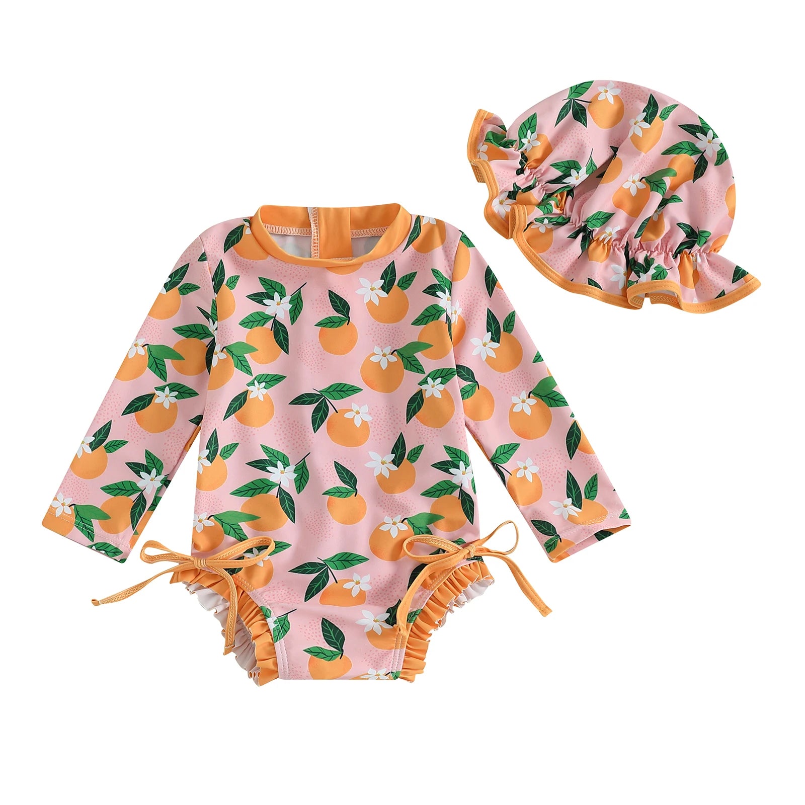 Infant Toddler Newborn Baby Girl Swimsuits Flower Fruit Print Ruffles Rash Guard Swimwear and Swim Cap for Toddler Bathing Suits