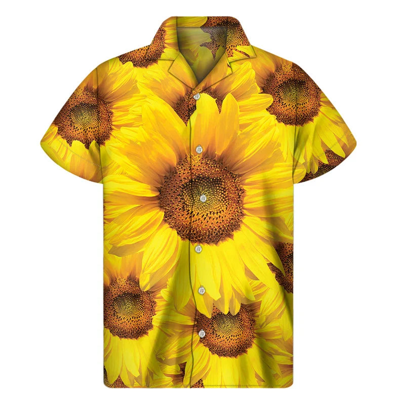 3d Plants Sunflower Print Shirt For Men Fashion Classic Short Sleeve Summer Vacation Shirts Breathable Tops Hawaiian Shirts