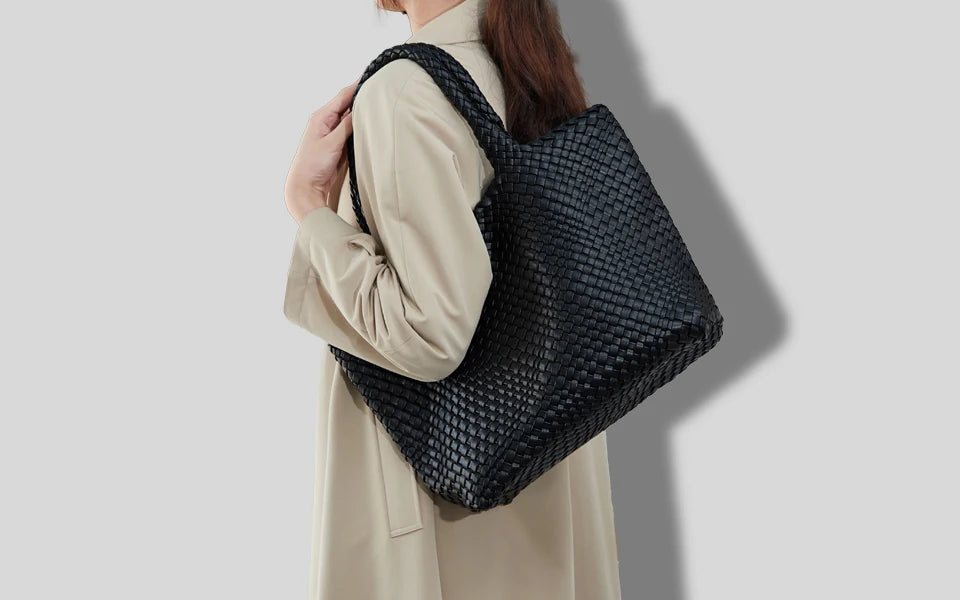 Woven Tote Bag Womens Purse Vegan Leather Shoulder Handbags - Fashion Summer Beach Tote Bags - Large Travel Totes