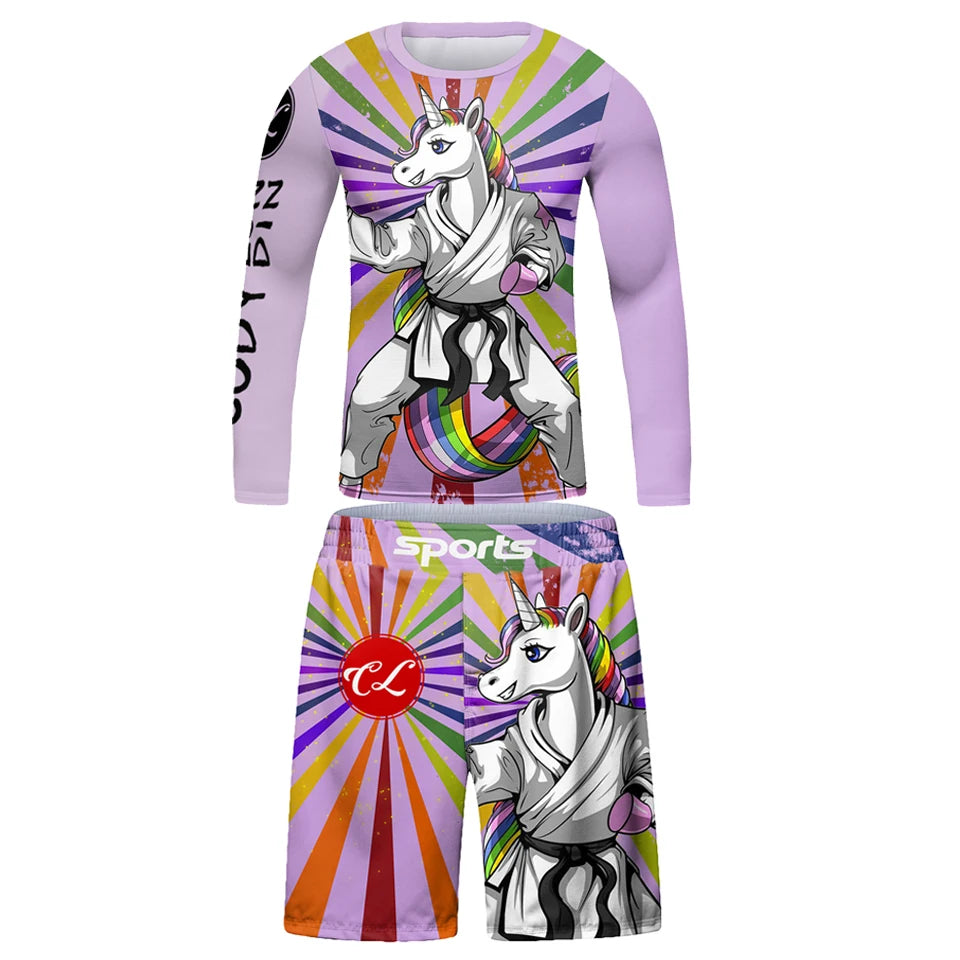 Kid's Jiu Jitsu MMA T-shirt +Pants Set Grappling Rashguard For Kid Bjj Boxing Jerseys Gi Rash Guard MMA Shorts Boxeo Sportsuits