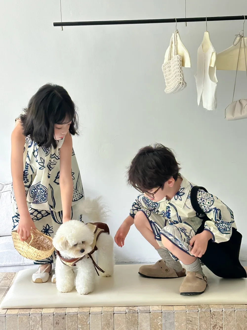 22386-1 Brother Sister Clothes  Boy's Summer Suit Girl's Dress Or Casual Short-sleeved Shirt+Shorts Two-piece Suit