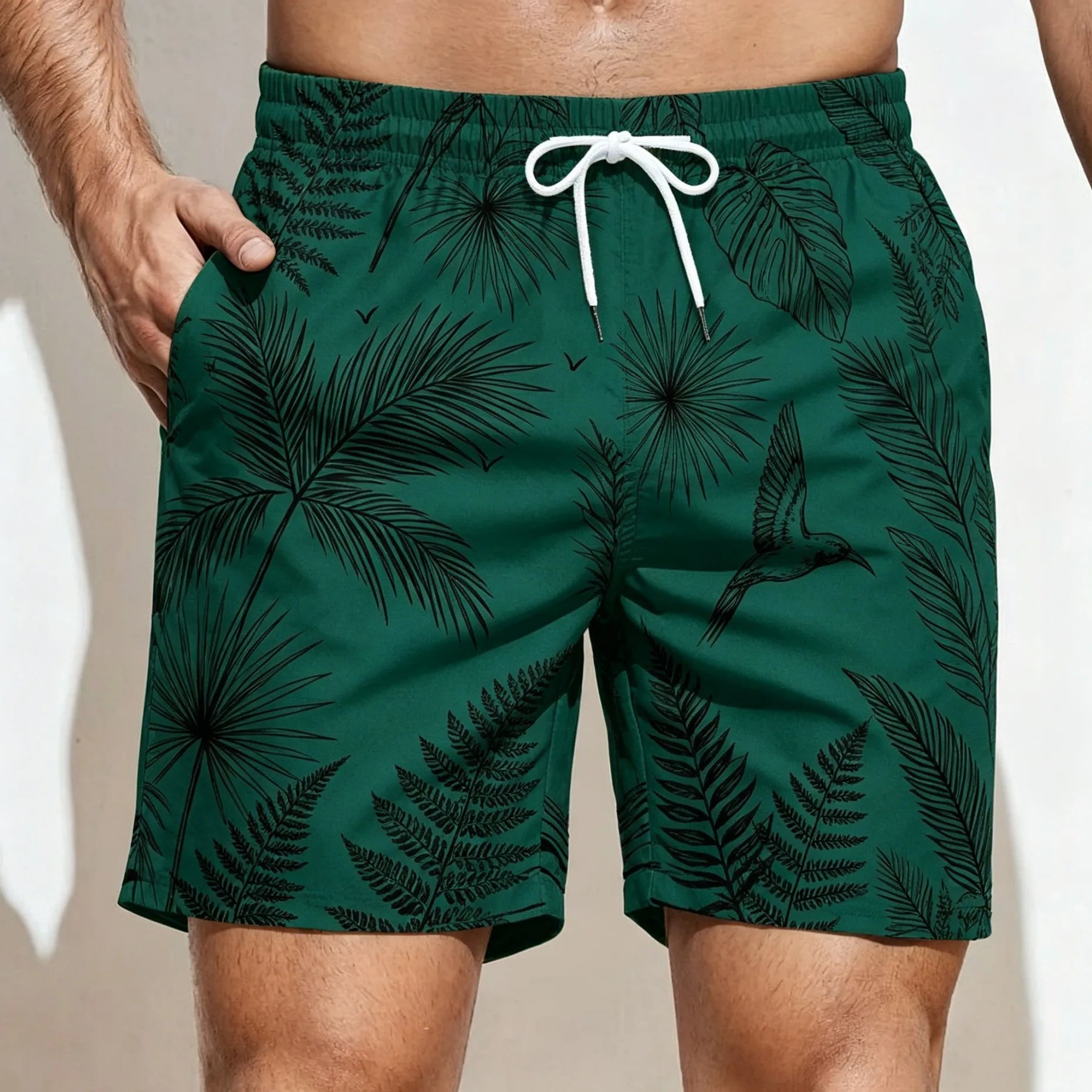 Men's Dark Green Tropical Leaf & Bird Print Drawstring Shorts, Casual Loose Swim Trunks For Spring Summer Wear