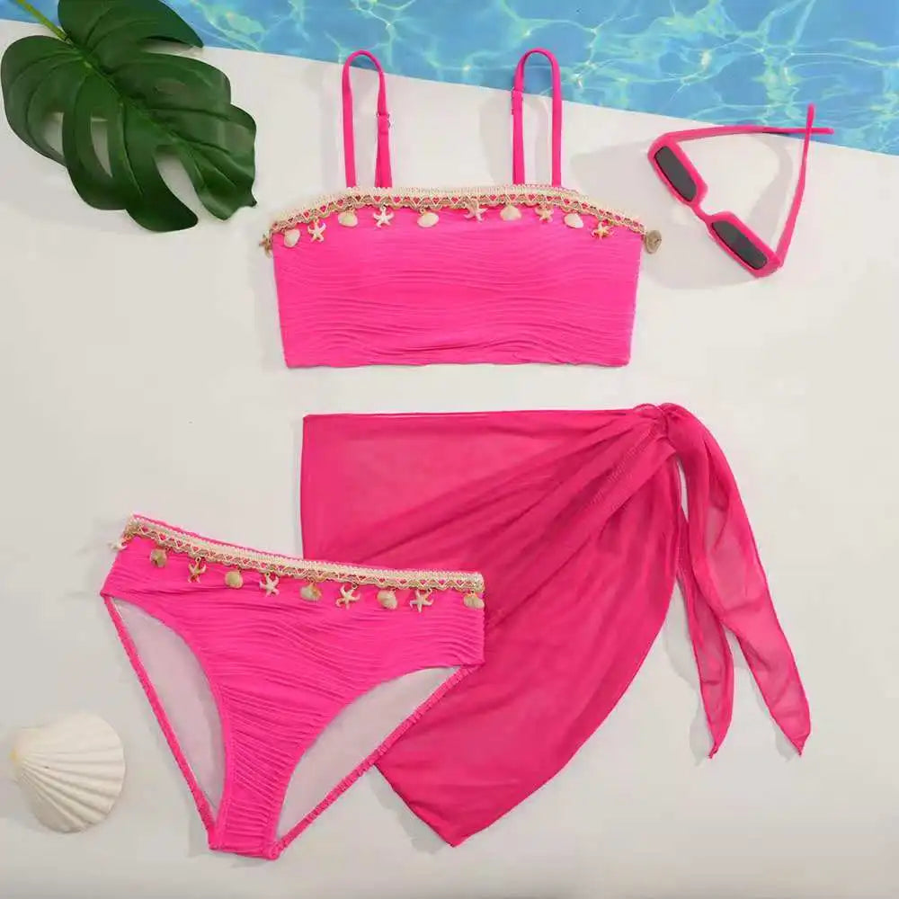 2026 Strappy Girls Swimsuit 3 Pieces Bikini & Skirt Bandeau Kids Swimwear Female Children's Bathers Bathing Swimming Swim Suit