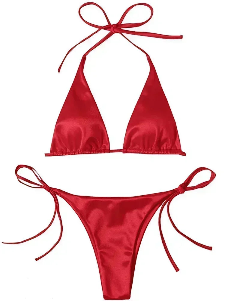 Halter Brazilian Metallic Satin Bikini Women Swimwear Female Swimsuit Two-pieces Bikini Set High Cut Bathing Suit Swim Beachwear