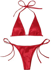 Halter Brazilian Metallic Satin Bikini Women Swimwear Female Swimsuit Two-pieces Bikini Set High Cut Bathing Suit Swim Beachwear