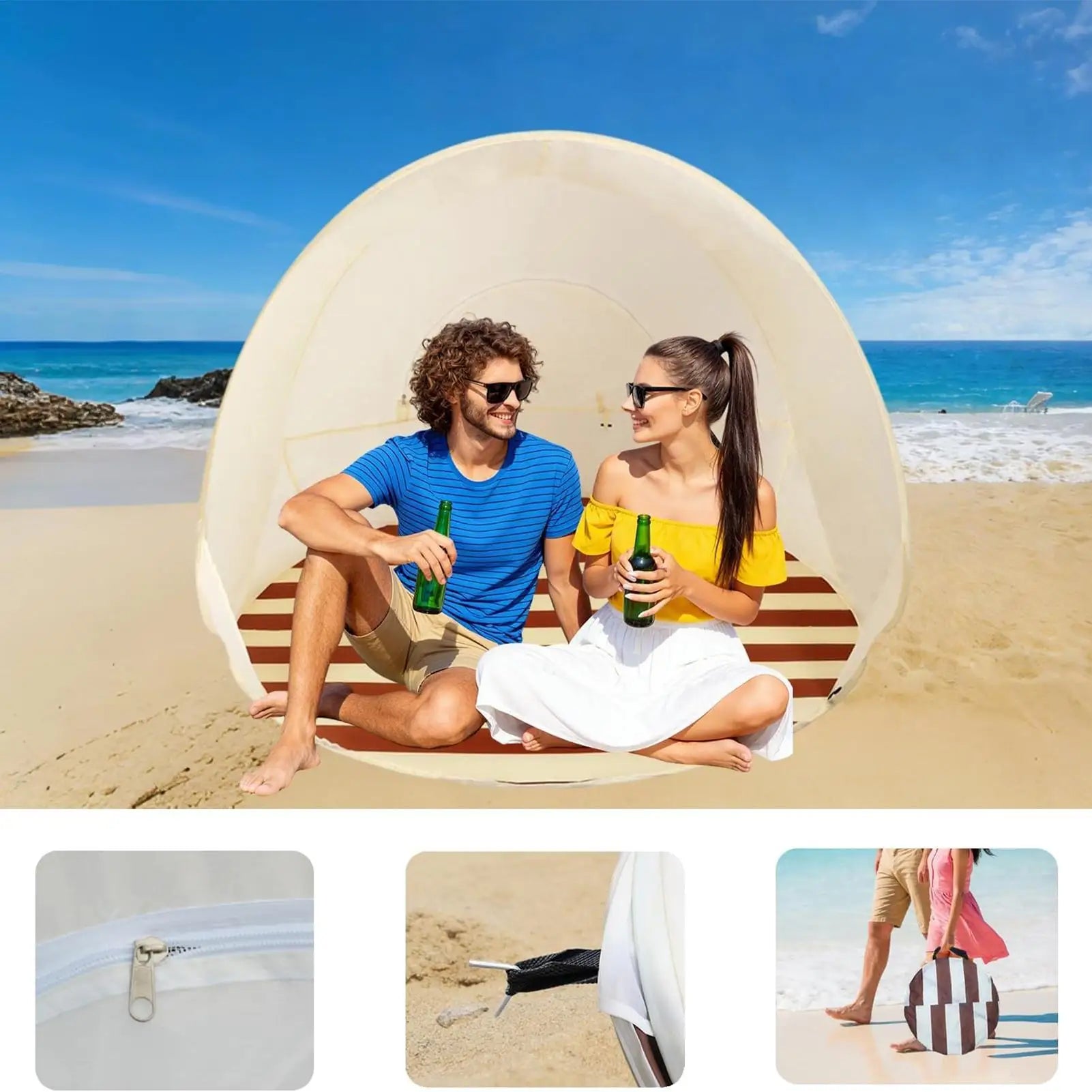 Beach Tent 3/4 Person Easy Pop Camping Canopy Beach Shelter with Ventilating Mesh Window for Outdoor Camping Picnic Garden
