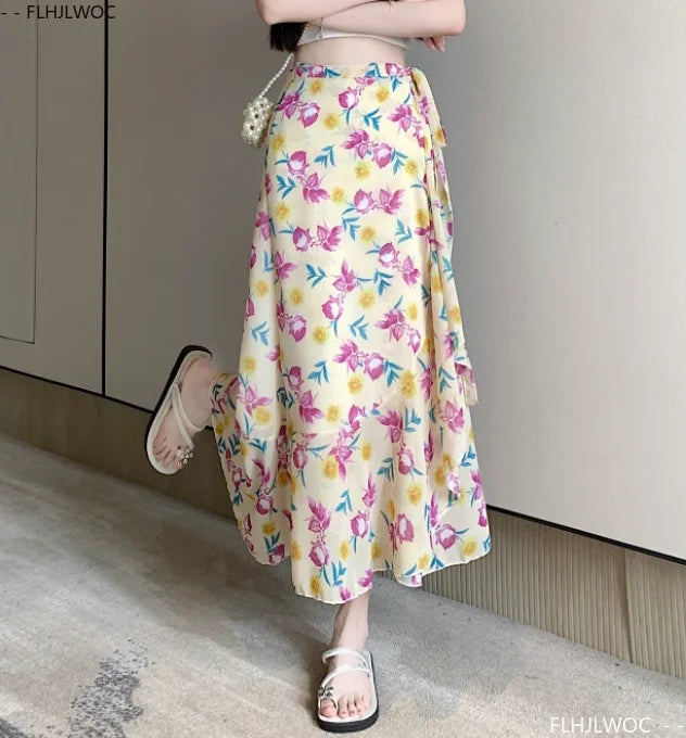 Wrap Up Chic Korea Clothes Women Cute Girls Floral Robe Holiday Beach Date High Waist Retro Vintage One-Piece Lace-Up Skirts
